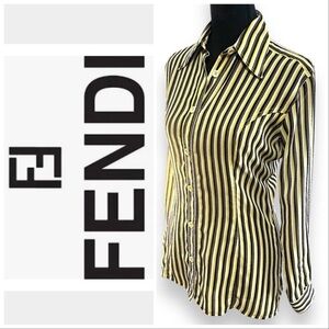 FENDI VTG  Yellow Wh Brown & Black Stripe  Shirt FENDI LOGO fabric & buttons 38